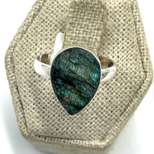 Sterling Silver Rough Teardrop Labradorite Ring - Size 8 - Intuition, Protection & Transformation