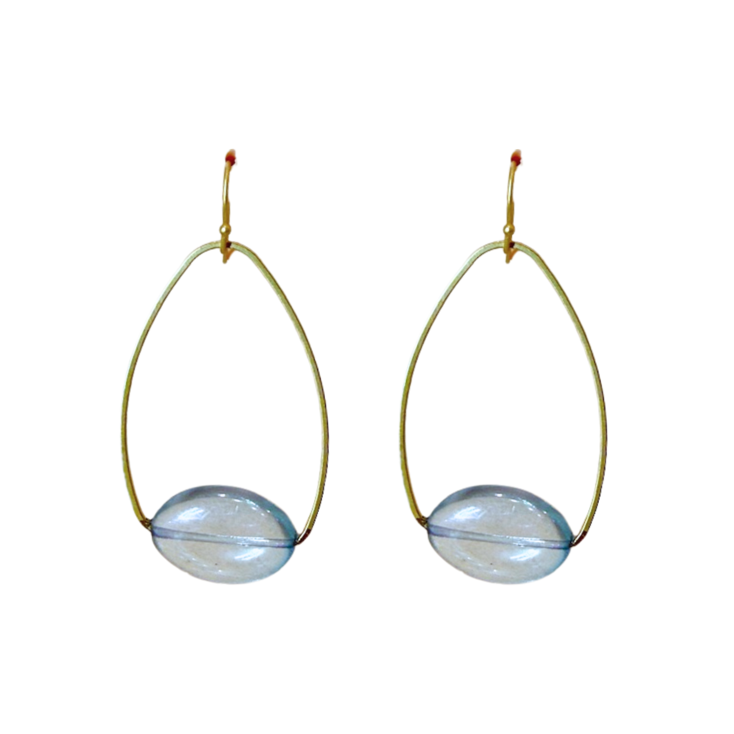 Blue Pressed Glass Inset Matte Gold Oval Earrings