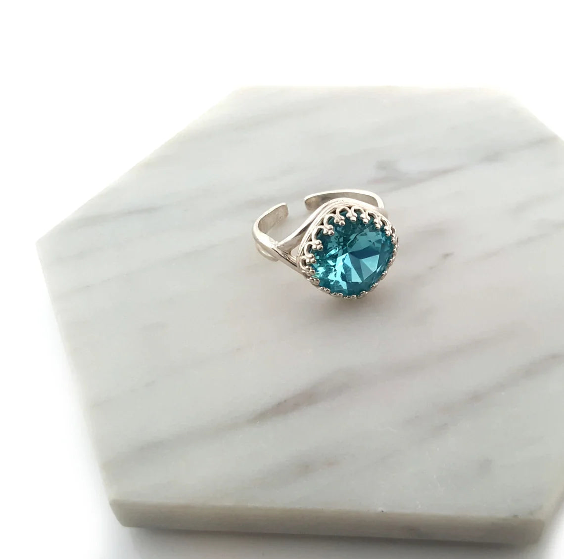 Sterling Silver Blue Topaz Swarovski Ring – Adjustable December Birthstone Statement Ring