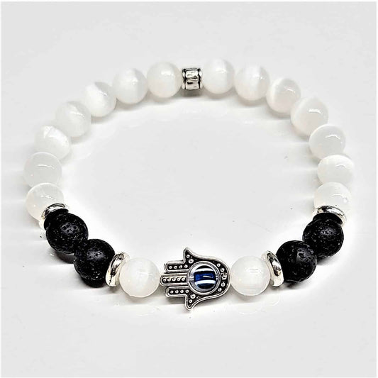 Selenite Lava Hamsa Round Bead Bracelet 8mm - Grounded Clarity