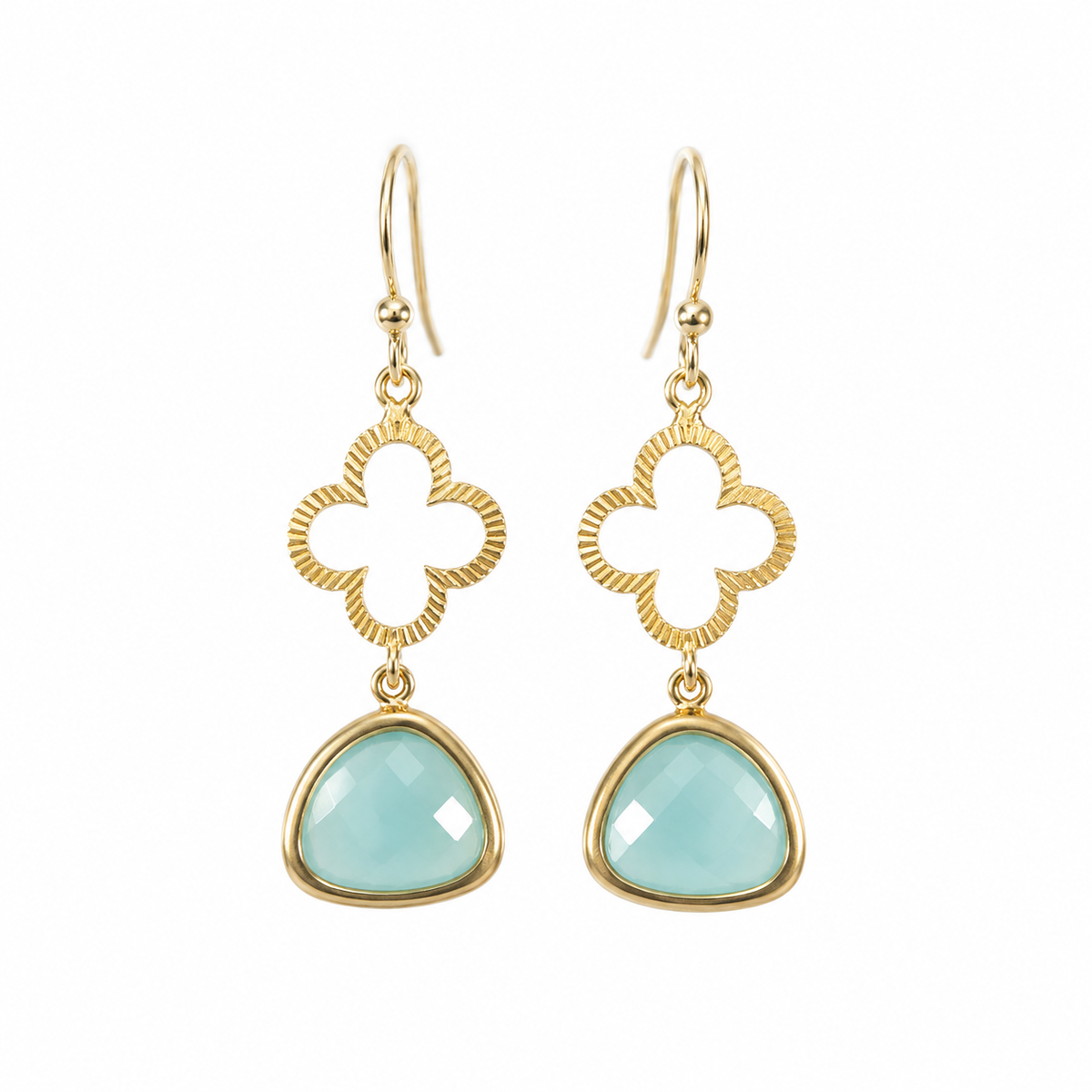 Gold Clover & Aqua Glass Drop Earrings – 14k Gold Filled
