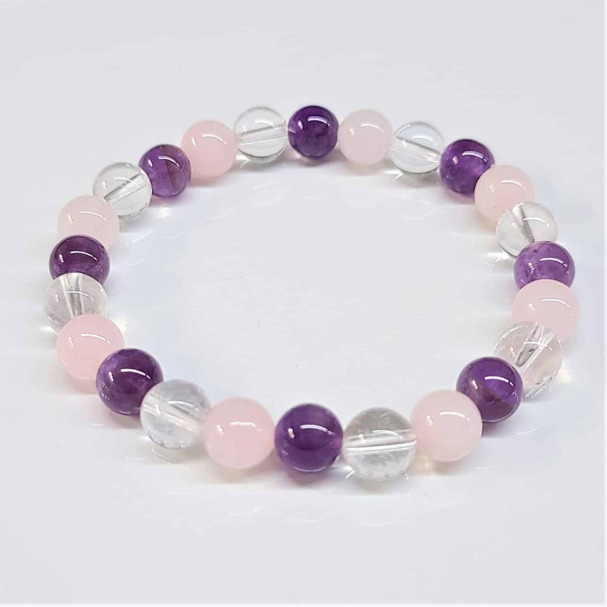 Amethyst, Clear & Rose Quartz Round Bead Bracelet 8mm