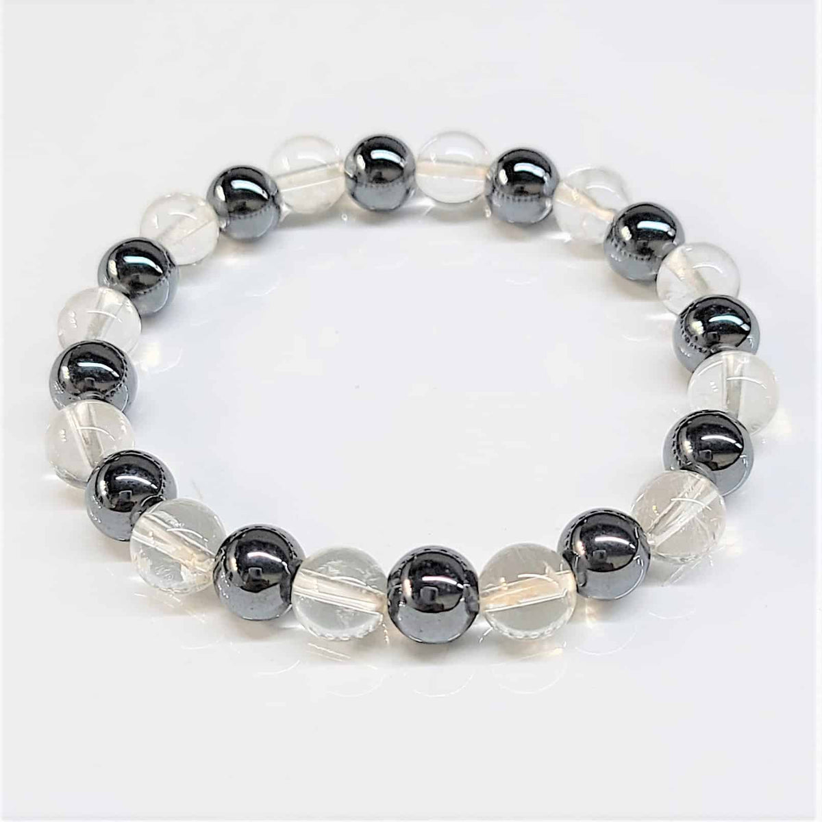 Clear Quartz & Hematite Round Bead Bracelet 8mm