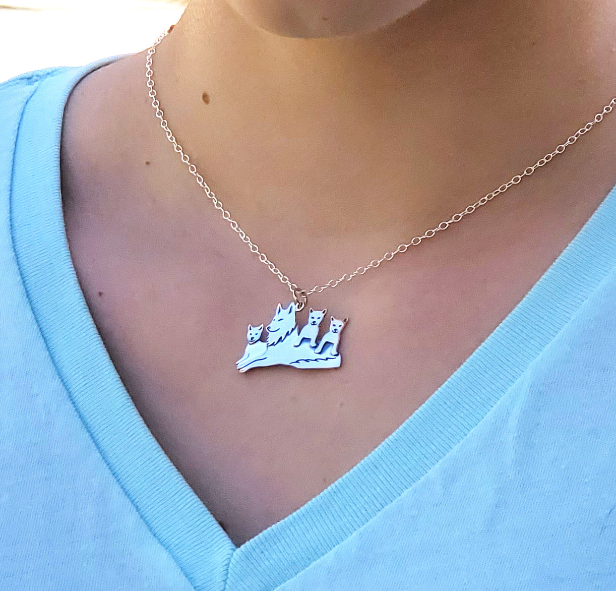 Mama Wolf and Pups Charm Sterling Silver Necklace