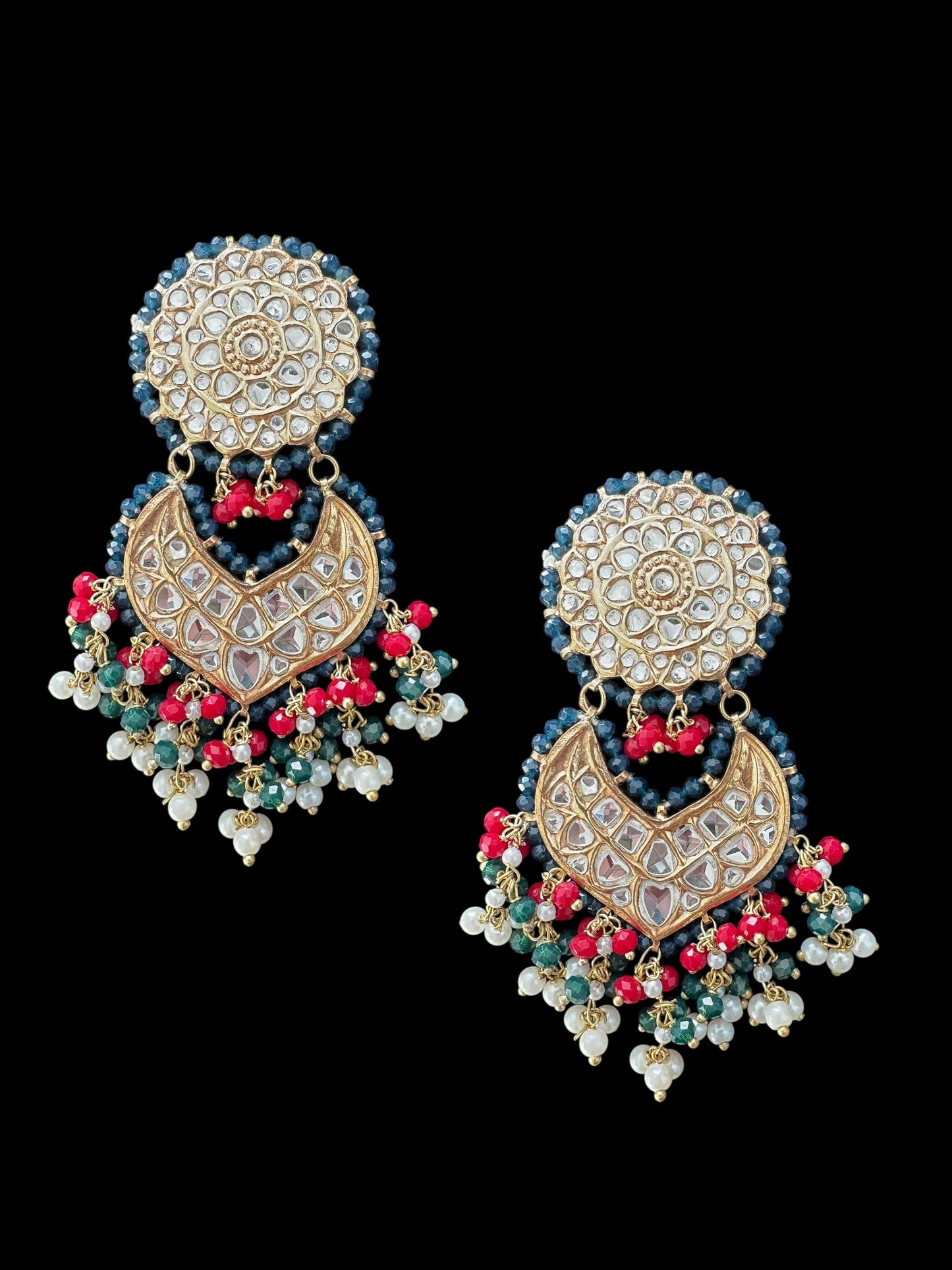 DER639  Sapphire ruby emerald thapa kundan earrings ( READY TO SHIP )