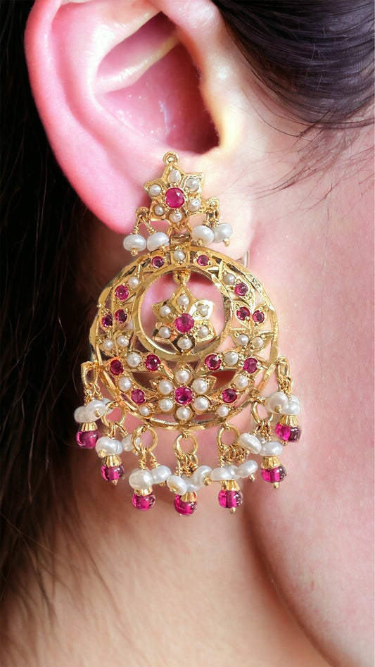 Ruby pearl gold plated silver chandbali ( SHIPS IN 5 WEEKS  )