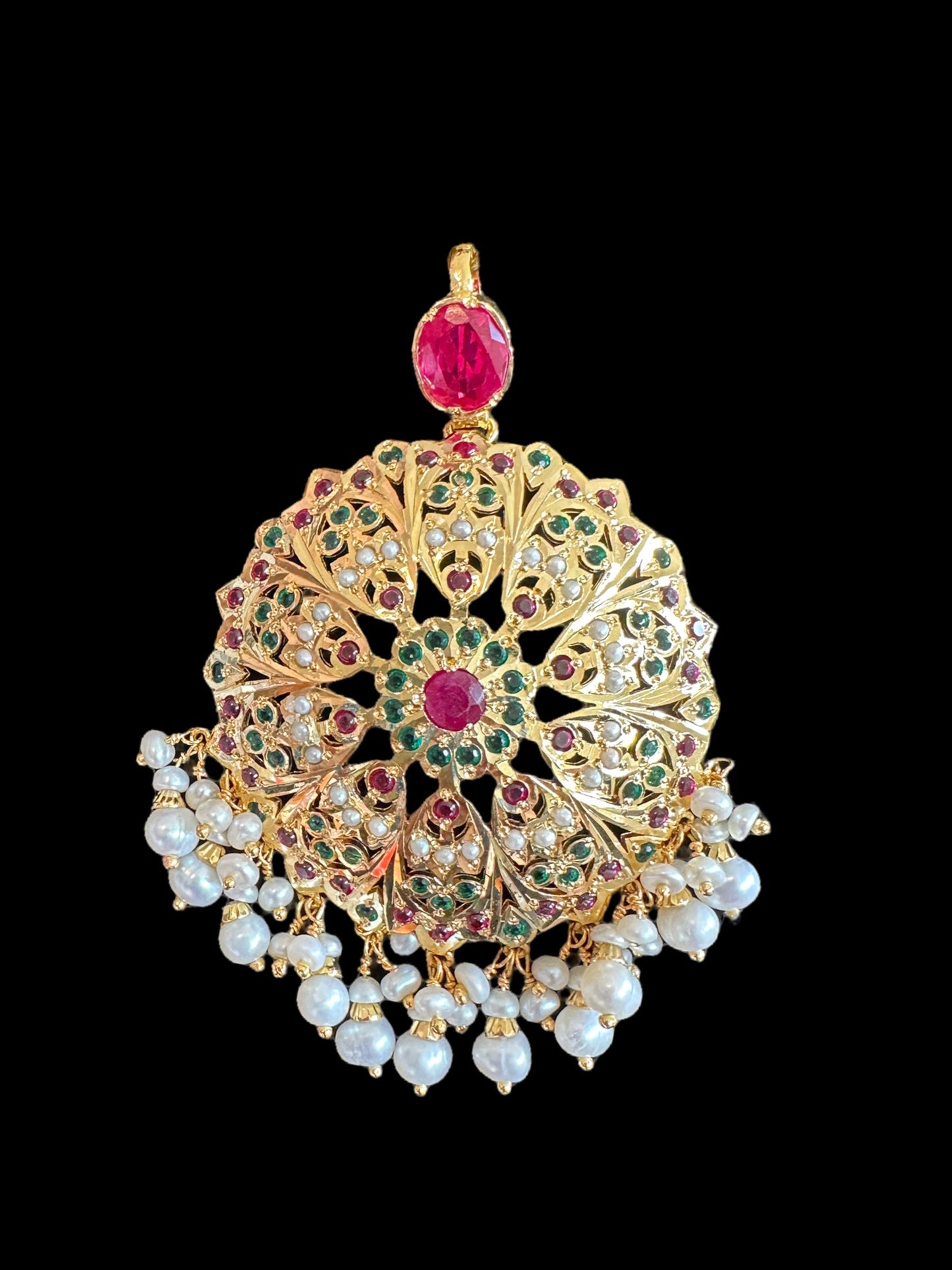 Ruby Emerald Freshwater Pearl Pendant Set in Gold-Plated Silver
 ( SHIPS IN 5 WEEKS  )