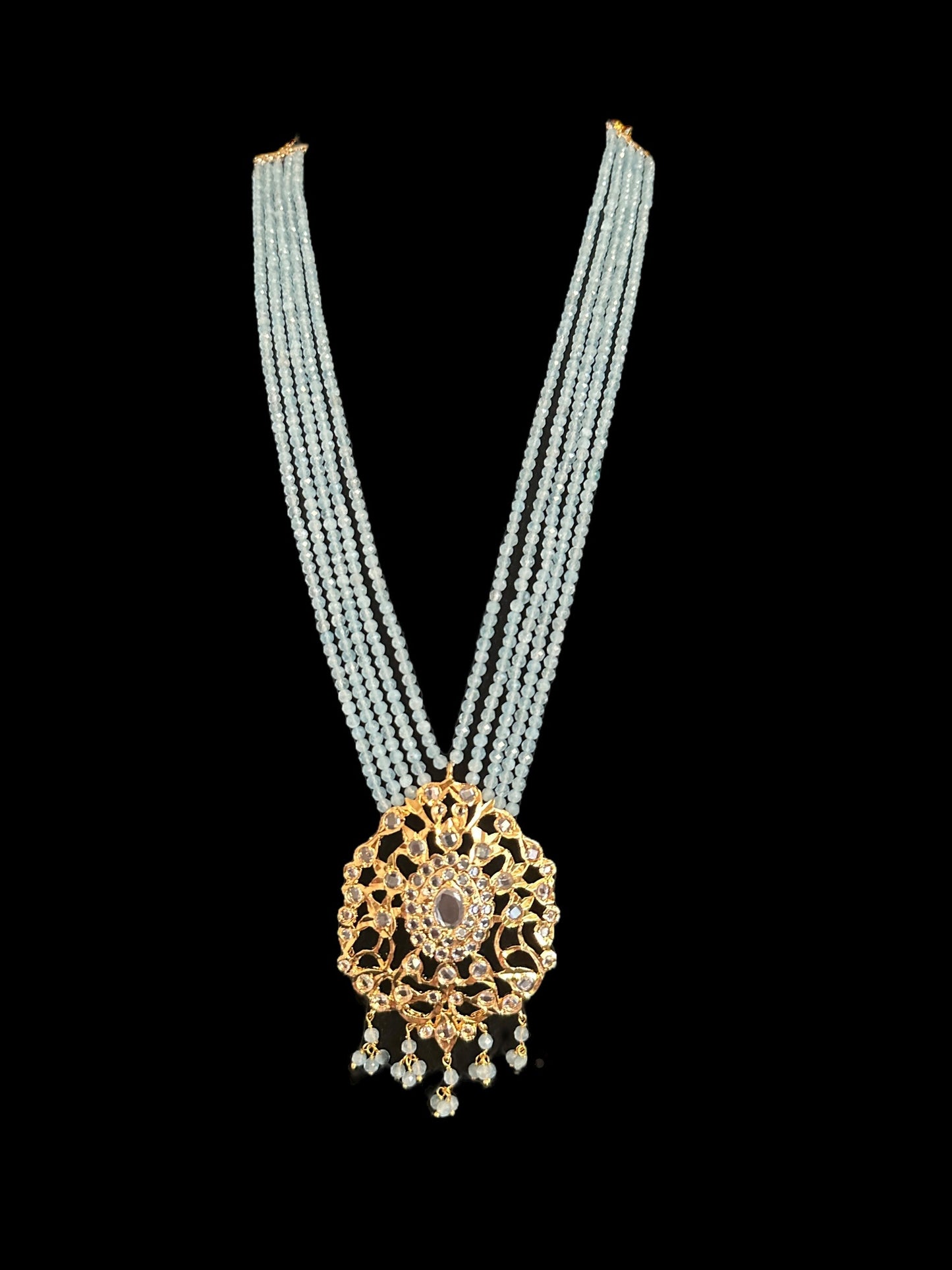 DLN123 Himah long necklace with earrings in real aquamarine beads ( SHIPS IN 2 WEEKS )