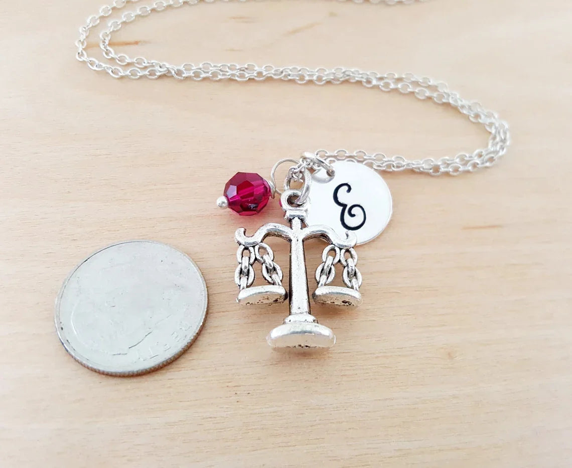 Justice Scales Necklace – Sterling Silver Chain with Personalized Birthstone & Initial