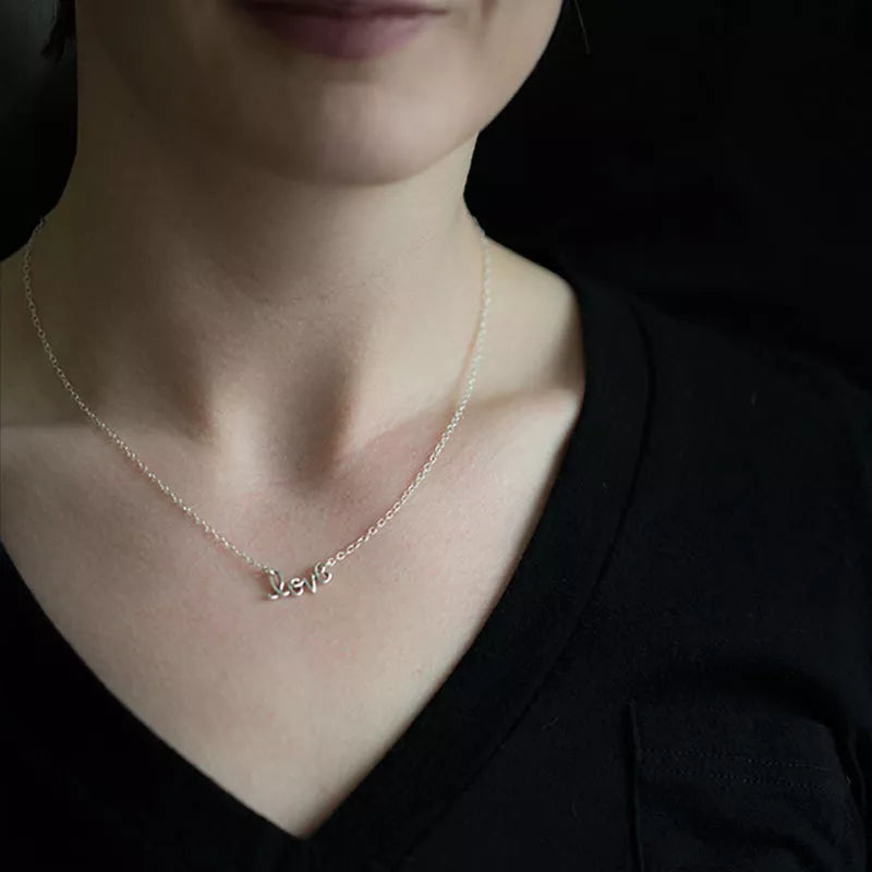 Love Script Necklace – Sterling Silver, 16" Dainty Chain
