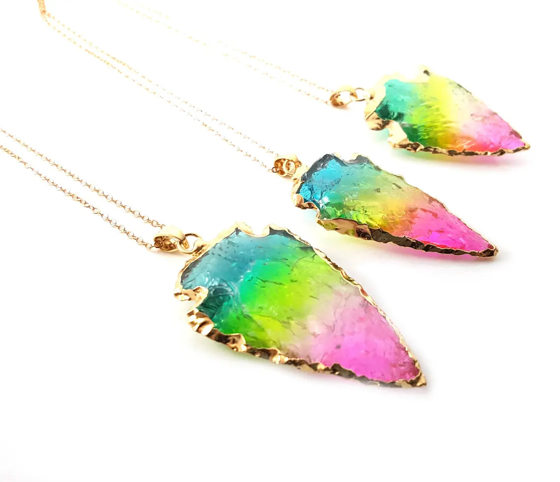 Rainbow Quartz Arrowhead Necklace - Colorful Arrow Head Pendant Necklace