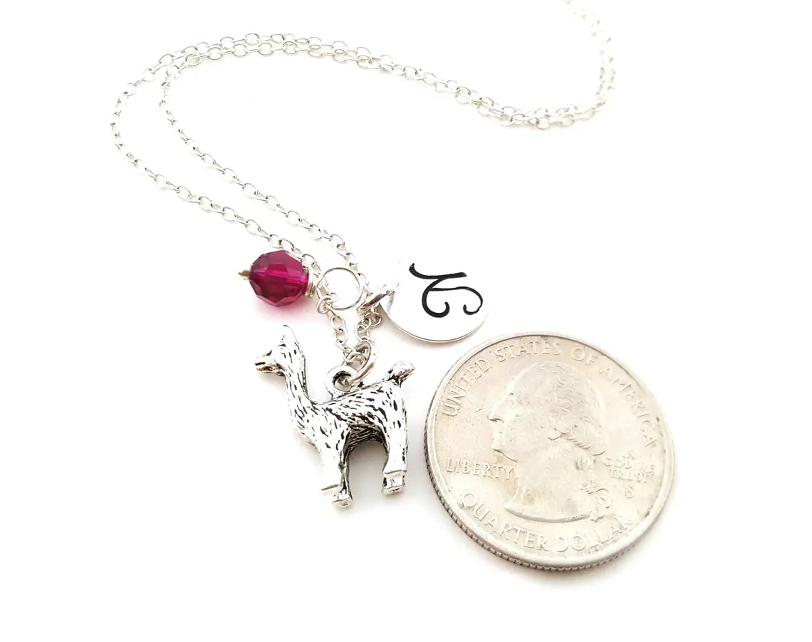 Personalized Llama Necklace – Sterling Silver Chain with Birthstone & Initial