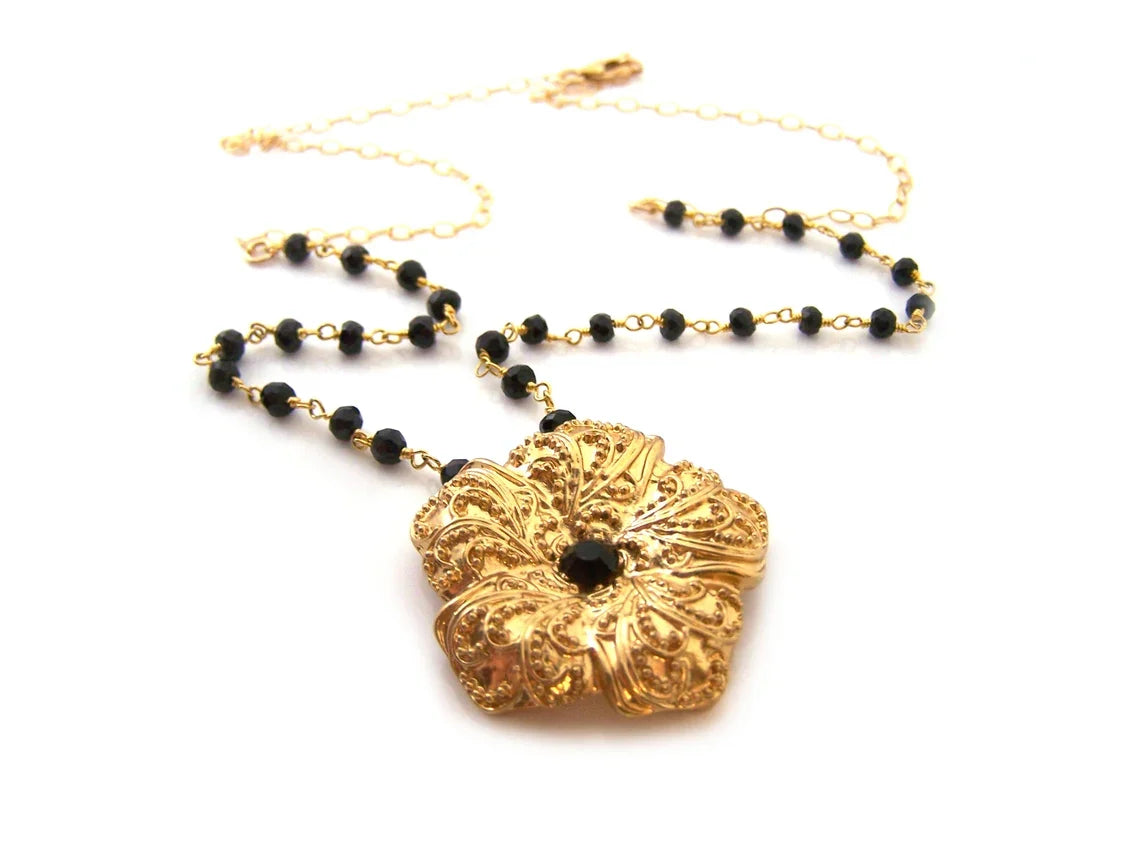 Black Onyx Gold Flower Necklace