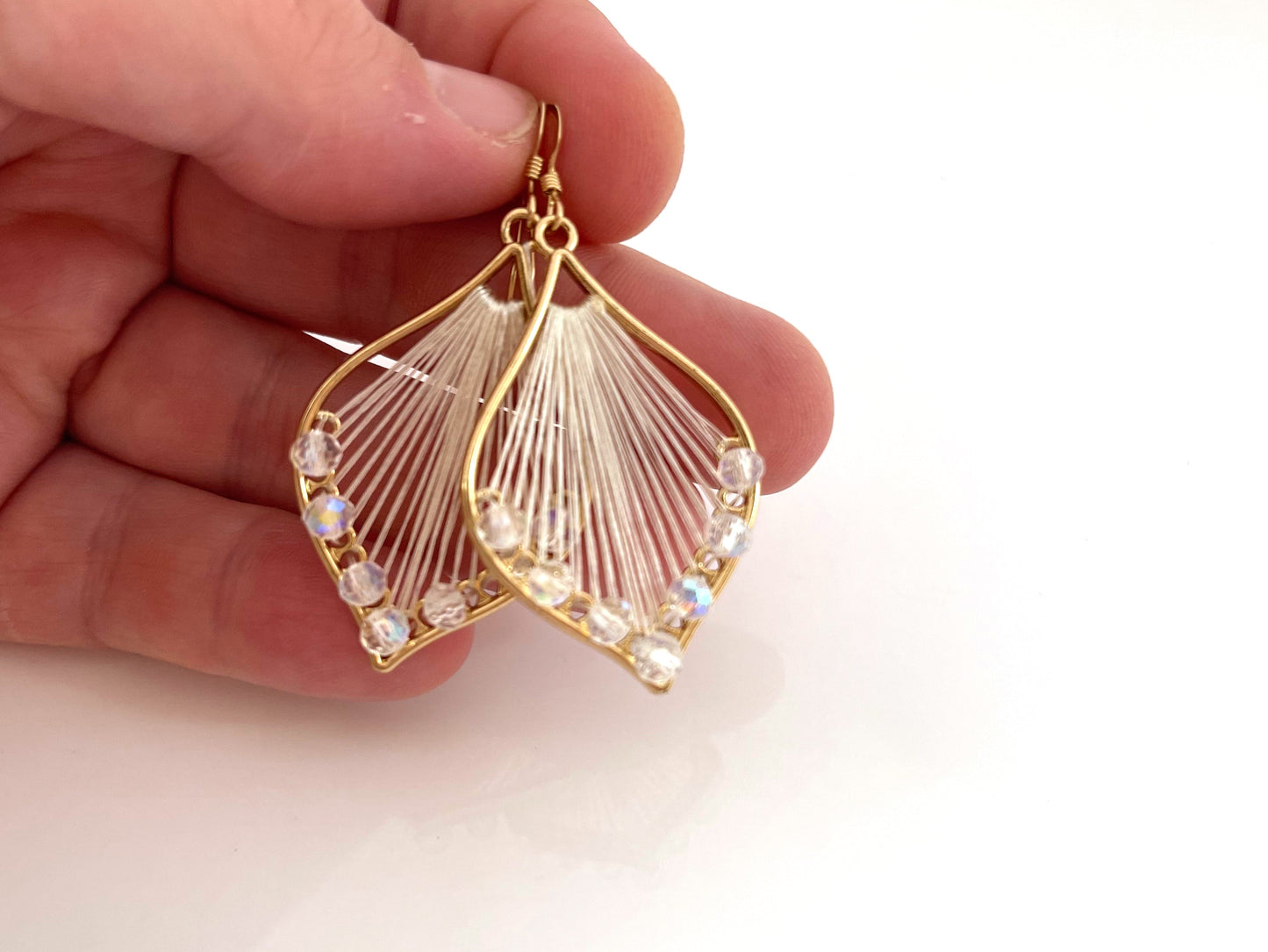 White Woven Thread and Crystal Beaded Earrings