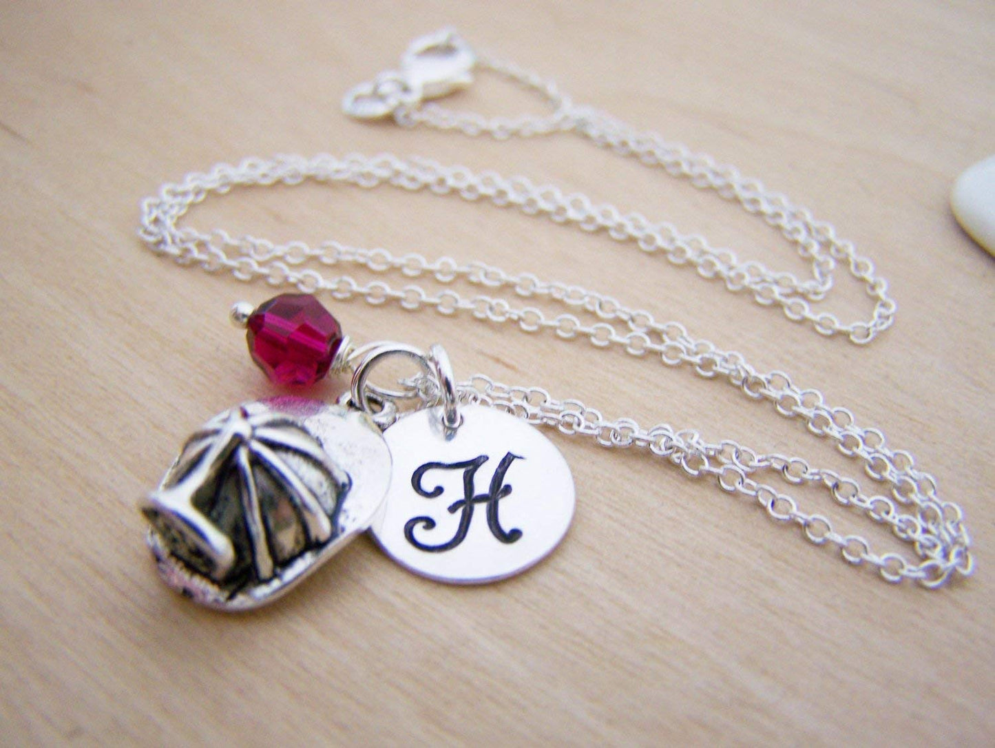 Fire Helmet Charm Necklace – Personalized Sterling Silver Jewelry with Initial & Birthstone or Pearl