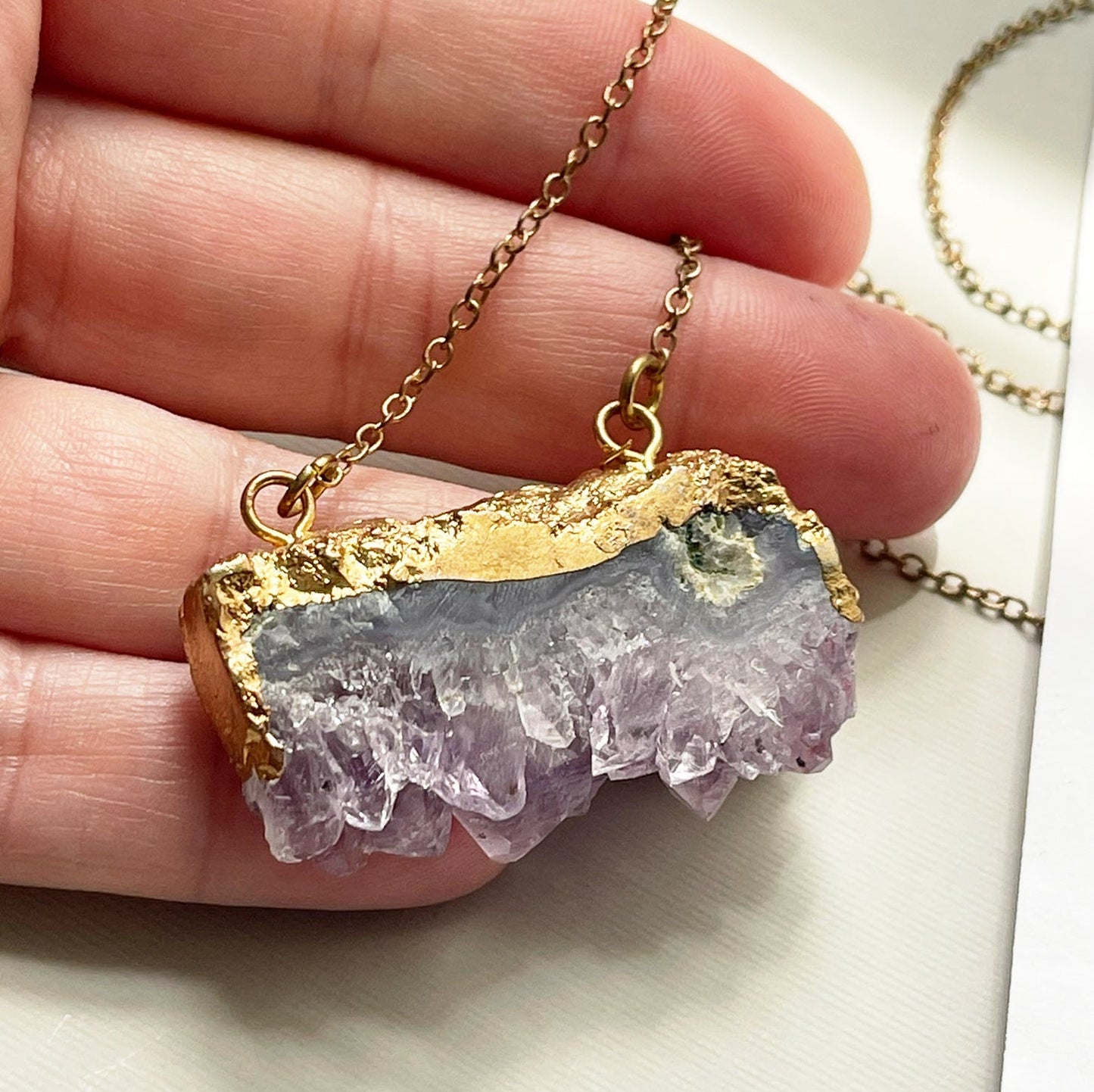 Chunky Raw Amethyst Necklace – Brass Chain, 25 Inch