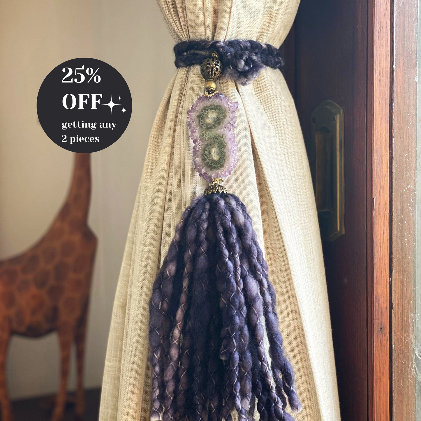 Curtains Tie Back with Amethyst Crystal and Merino Wool Tassels, Garland with Stalactite Stone, window curtains holder, Natural Wall Hanging