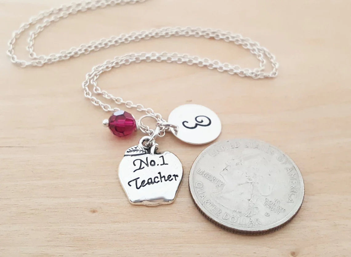 #1 Teacher Necklace – Sterling Silver Chain with Birthstone & Initial
