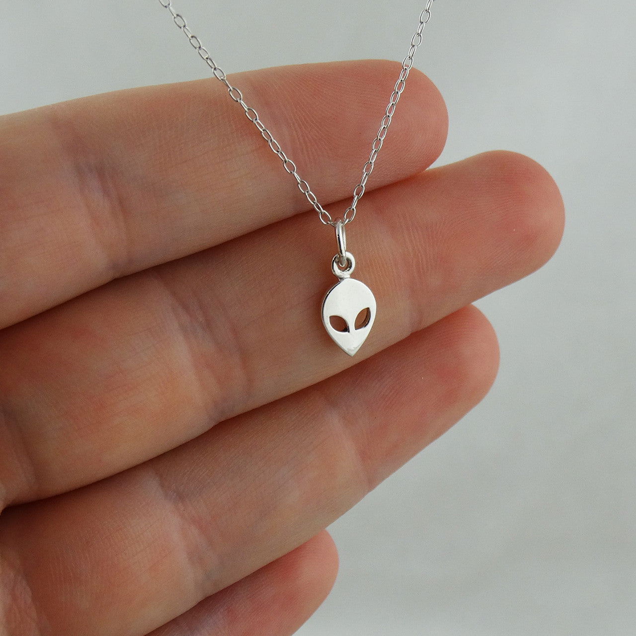 Tiny Alien Head Necklace – Sterling Silver Space-Inspired Charm on 16" Chain
