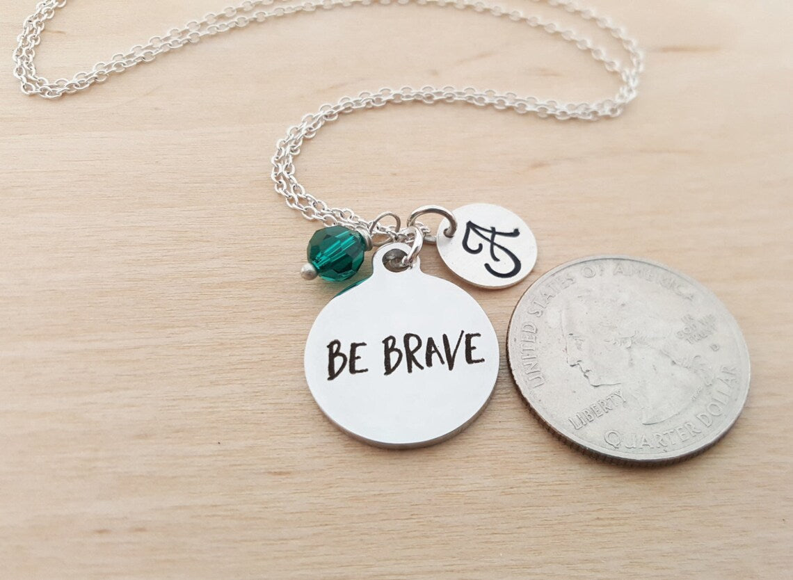 Be Brave Necklace – Sterling Silver with Birthstone & Initial Charm