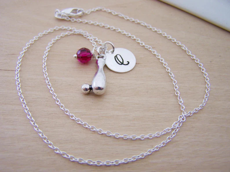 Personalized Bowling Necklace – Sterling Silver Chain with Birthstone & Initial