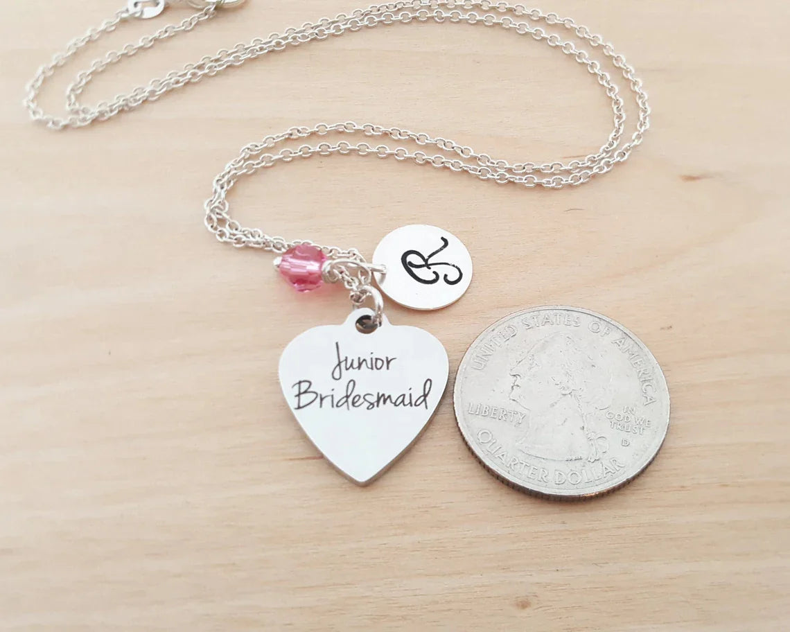 Junior Bridesmaid Necklace – Sterling Silver with Birthstone & Initial – Flower Girl Gift