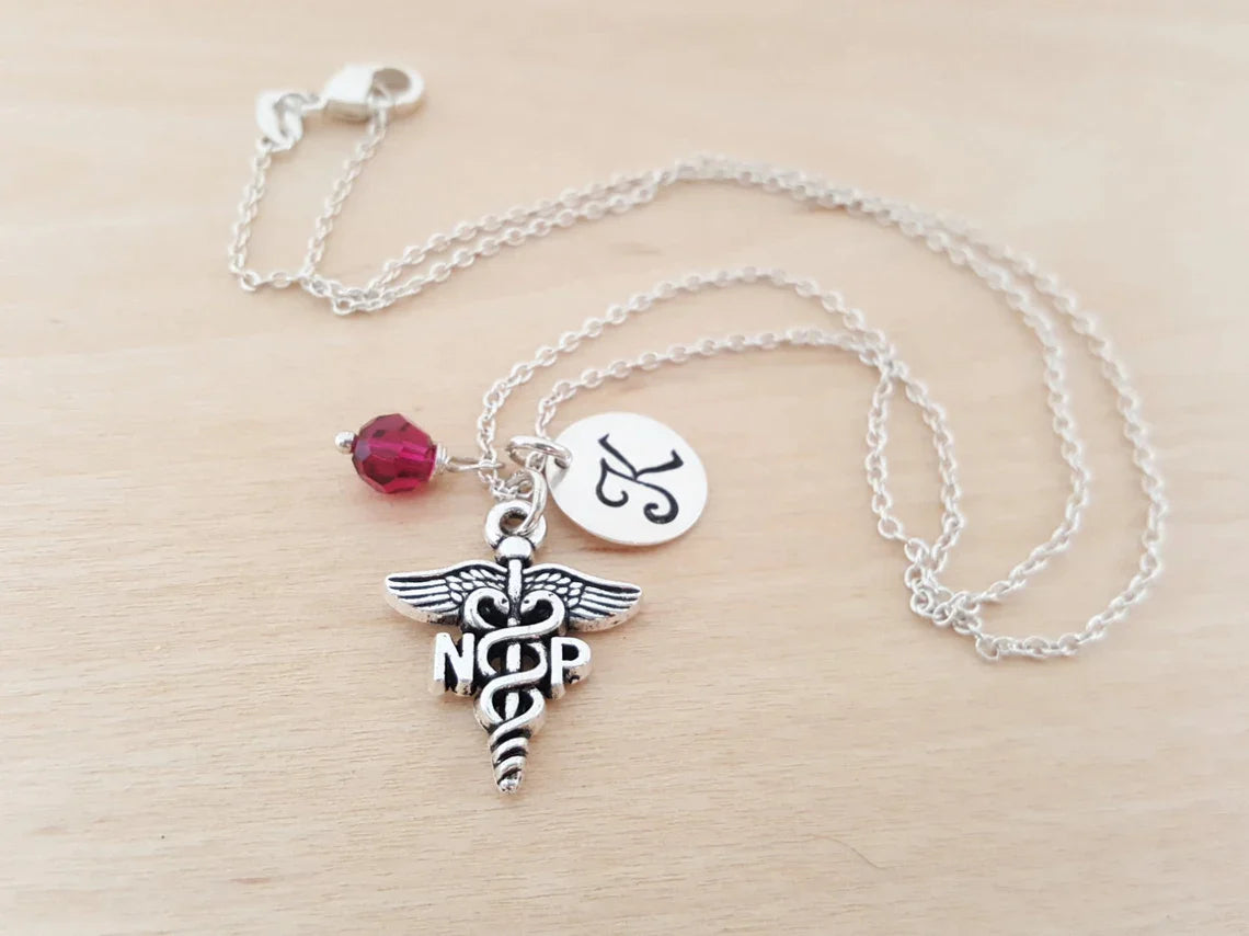 Personalized Nurse Practitioner Necklace – Sterling Silver Chain with Birthstone & Initial