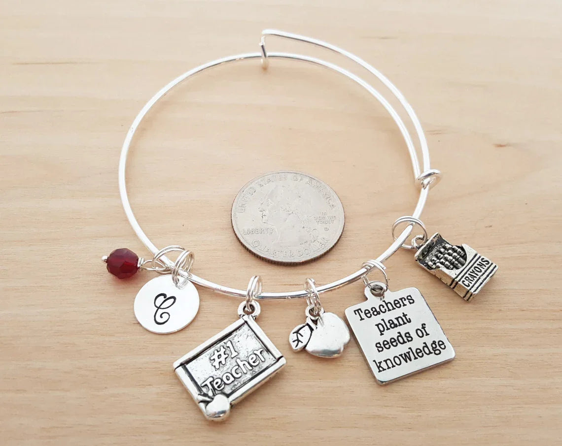 #1 Teacher Bracelet – Adjustable Bangle with Birthstone & Initial