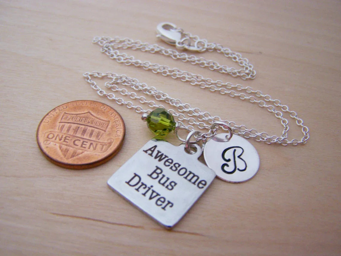 Personalized Bus Driver Necklace – Sterling Silver Chain with Birthstone & Initial