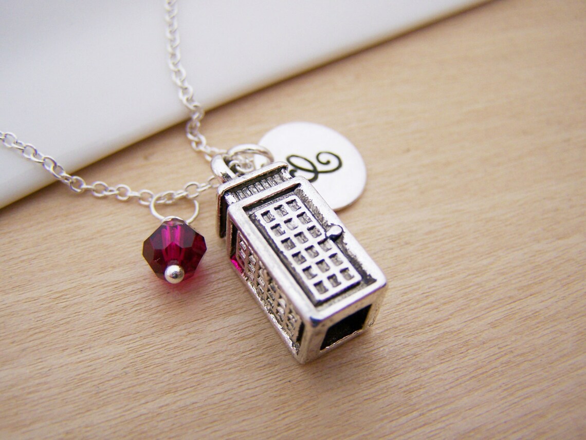 Police Box - Phone Booth Necklace – Sterling Silver with Birthstone & Initial Charm