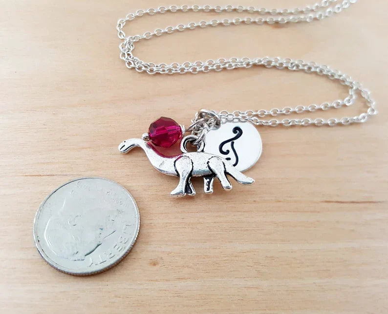 Personalized Brontosaurus Necklace – Sterling Silver Chain with Birthstone & Initial