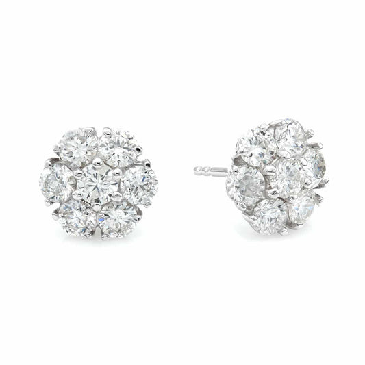 Natural Diamond Flower Cluster Stud Earrings in 14K White Gold – 2.09ctw