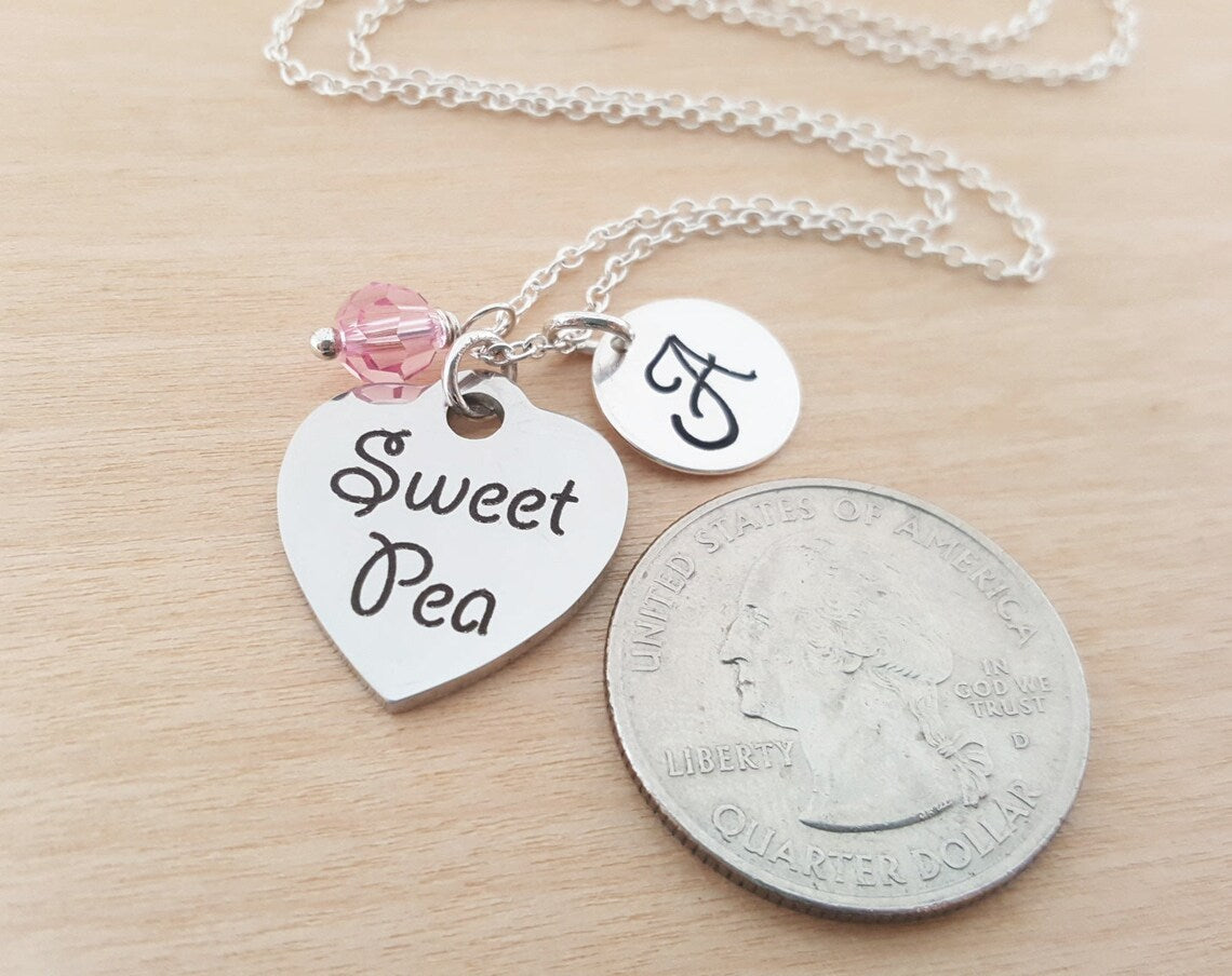 Sweet Pea Necklace – Sterling Silver with Birthstone & Initial Charm