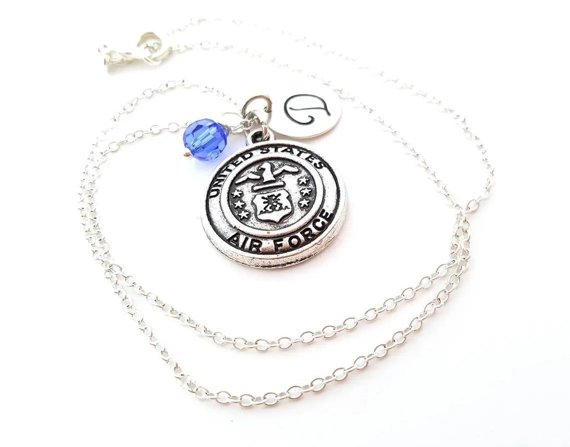 Personalized Air Force Necklace – Sterling Silver Chain with Birthstone & Initial