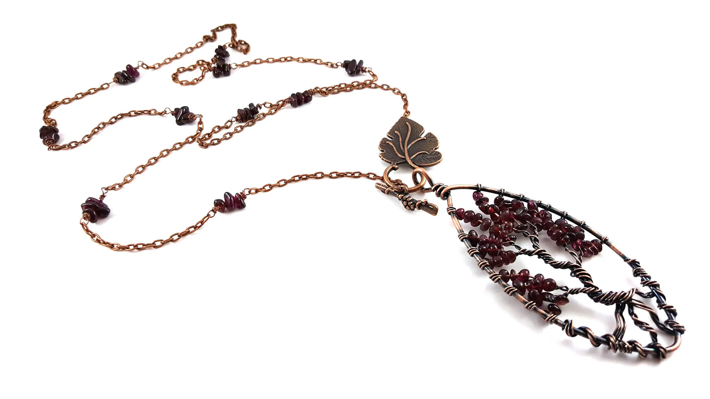 Garnet Tree of Life Pendant Necklace – Copper Wire Wrapped, 32 Inch Chain