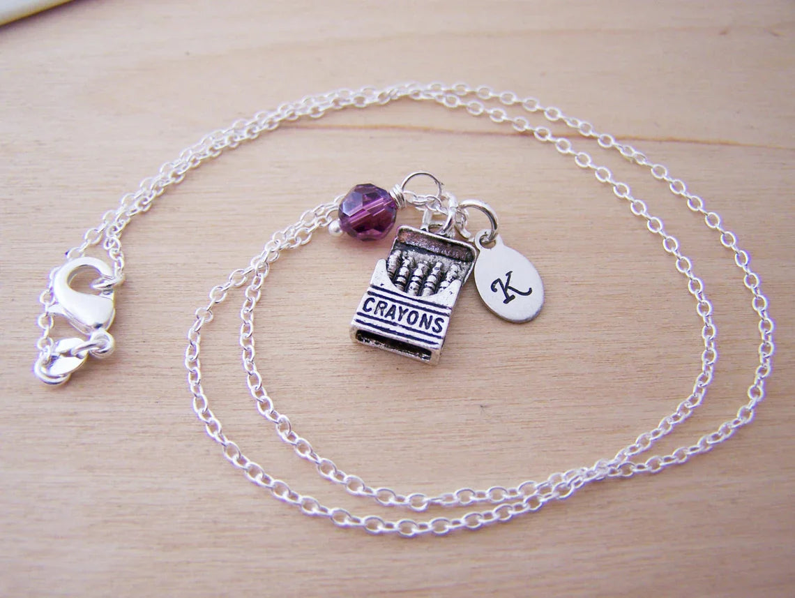 Personalized Crayon Necklace – Sterling Silver Chain with Birthstone & Initial