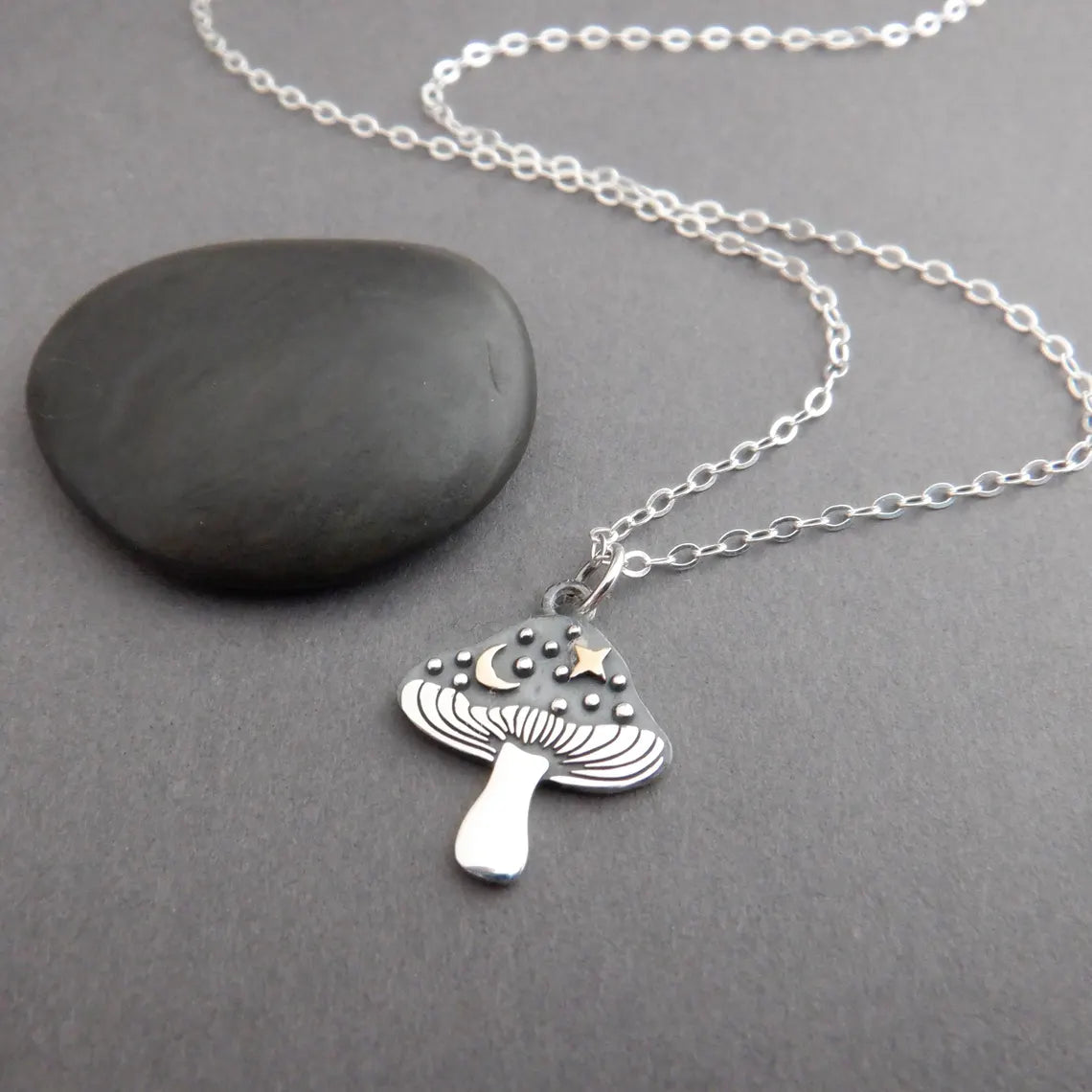 Mushroom & Moon Necklace – Sterling Silver with Bronze Crescent and Star, 18" Chain