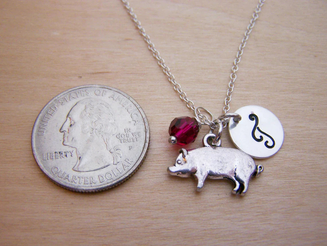 Pig Necklace – Sterling Silver with Birthstone & Initial Charm