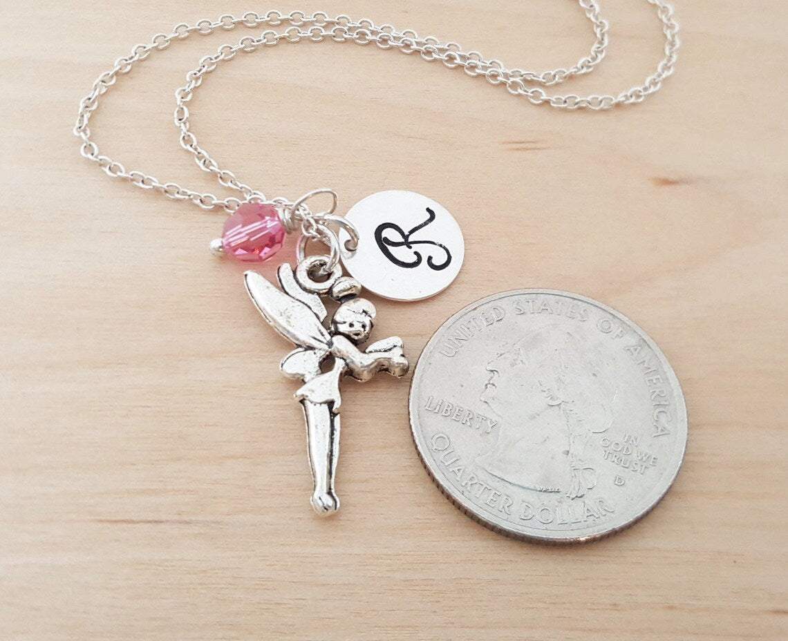 Fairy Necklace – Sterling Silver with Birthstone & Initial Charm