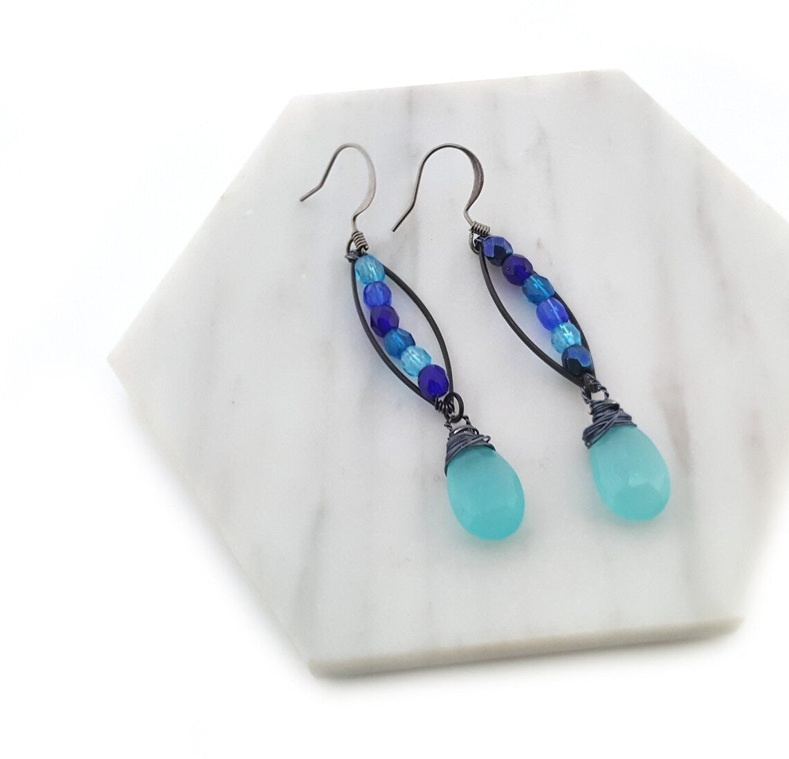 Aquamarine Wire Wrapped Earrings - Beaded Earrings - Black Wire Wrapped Briolette