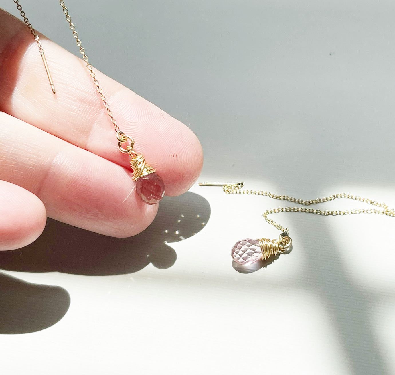 Morganite Threader Earrings – 14k Gold Filled Chain