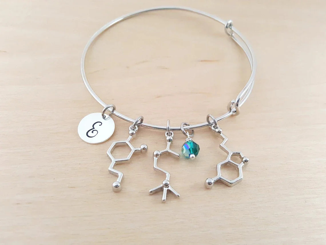 Serotonin Neurotransmitter Bracelet – Adjustable Bangle with Birthstone & Initial