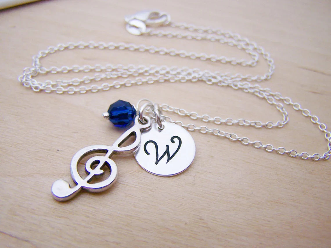 Personalized Treble Clef Necklace – Sterling Silver Chain with Birthstone & Initial