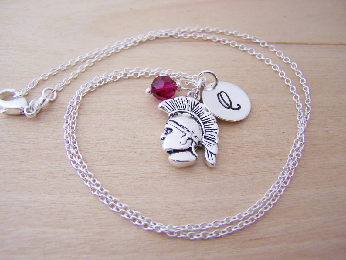 Personalized Spartan Necklace – Plated Spartan Charm with Sterling Silver Chain, Birthstone & Initial
