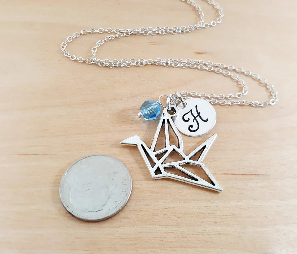 Personalized Paper Crane Necklace – Sterling Silver Chain with Birthstone & Initial