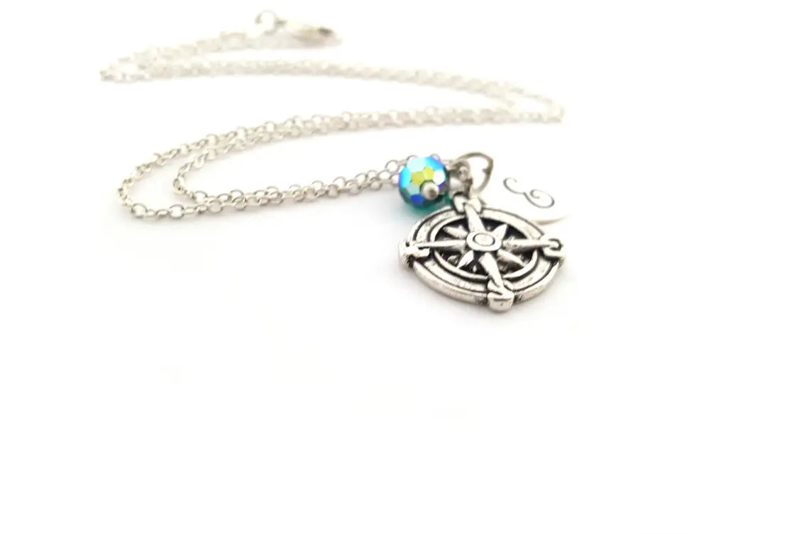 Personalized Compass Necklace – Sterling Silver Chain with Birthstone & Initial
