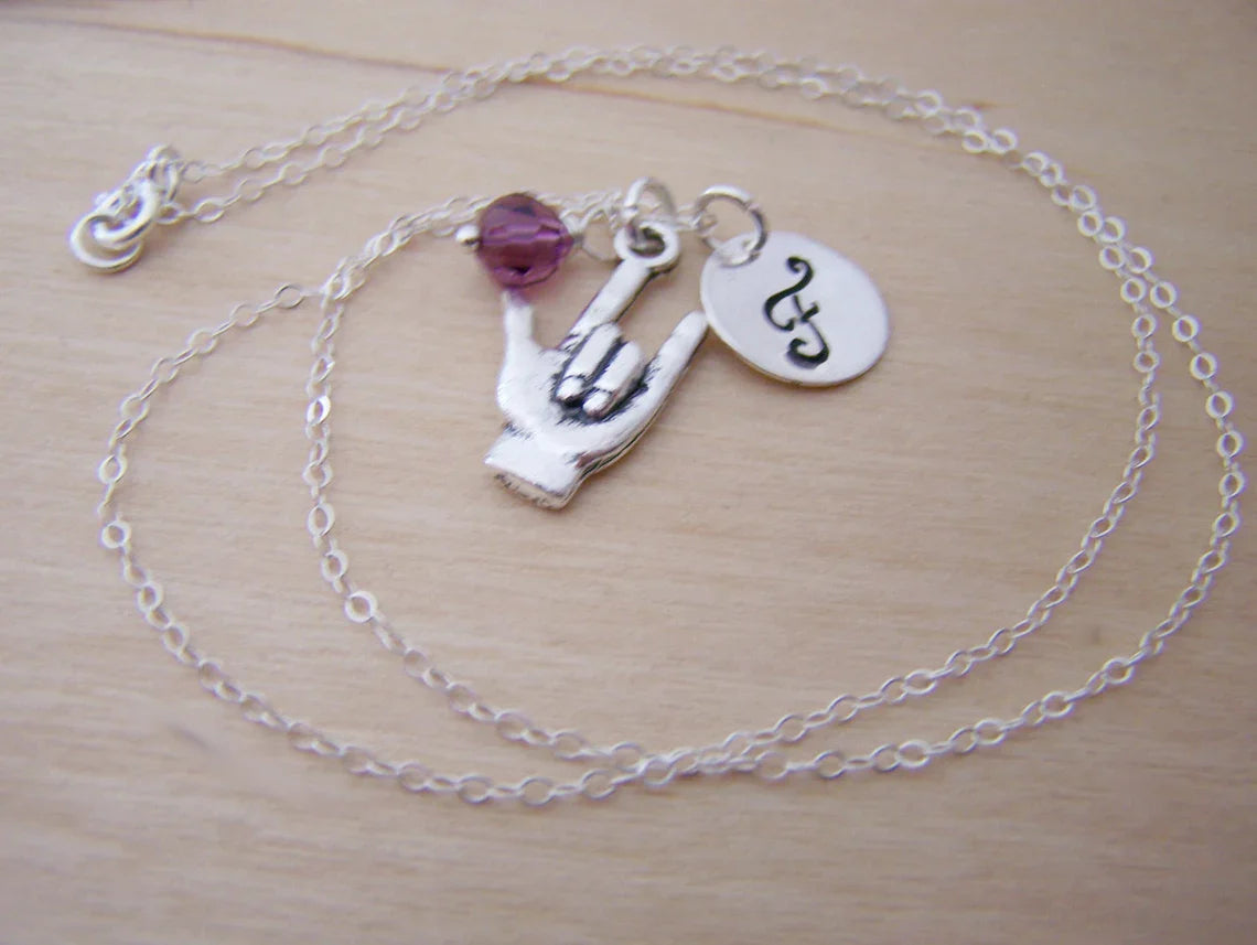Personalized Sign Language “I Love You” Necklace – Sterling Silver Chain with Birthstone & Initial