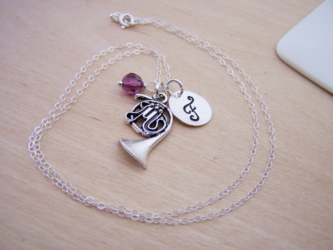 French Horn Necklace – Sterling Silver with Birthstone & Initial Charm