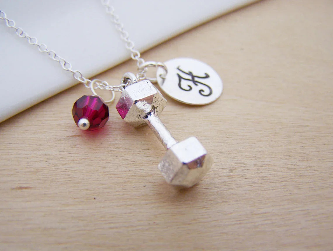 Personalized Dumbbell Necklace – Weightlifting Charm with Sterling Silver Chain & Birthstone