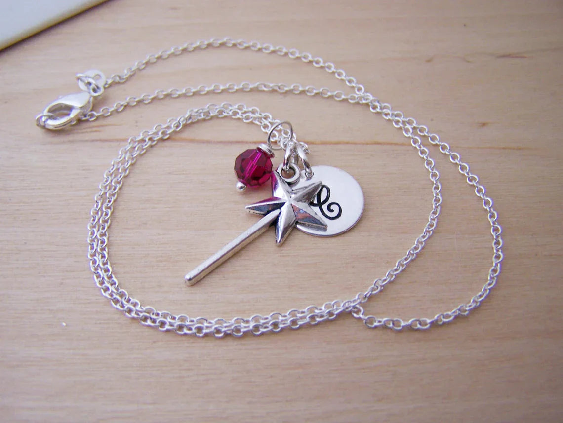 Personalized Magic Wand Necklace – Sterling Silver Chain with Birthstone & Initial